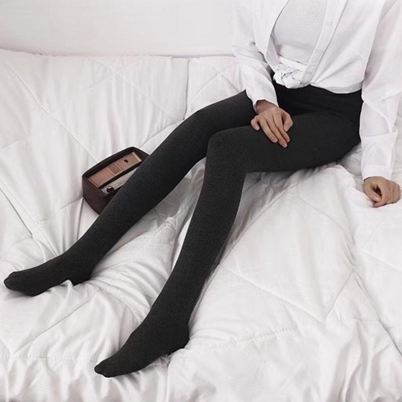 High Waist Cotton Vertical Stripe Fleece Lined Thickened Leggings Women's Autumn Winter Pantyhose One Piece Pants