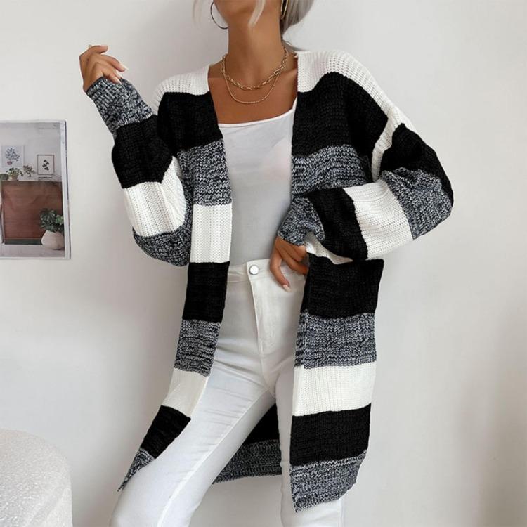Women Casual Fashion Colorblock Long Buttonless Cardigan Sweater Jacket Outerwear