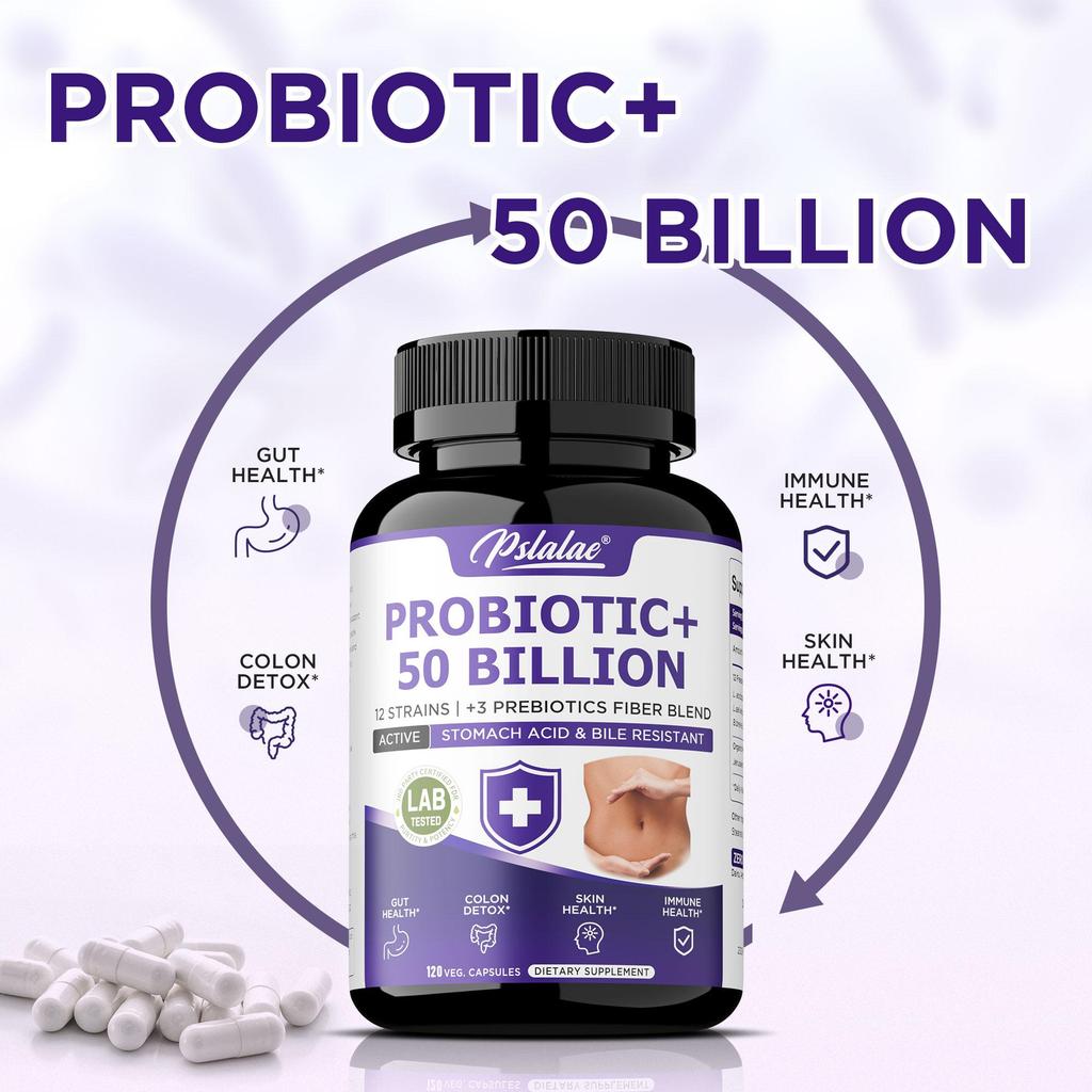 Probiotic 50 Billion CFU Enzyme Supplement, Capsule, 12 Strains with 3 Prebiotics, Digestive Health Support