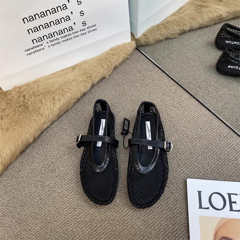 

Summer 2025 New French Retro Grid Breathable Flat Bottom Hollow Versatile Black Light Mouth Mary Jane Single Shoes 35 чёрный