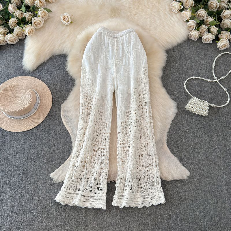 

Seaside Vacation Beach Pants 2024 Summer K-style High Waist Slimming Knitted Cut Out Loose Pants Casual Long Pants White One size