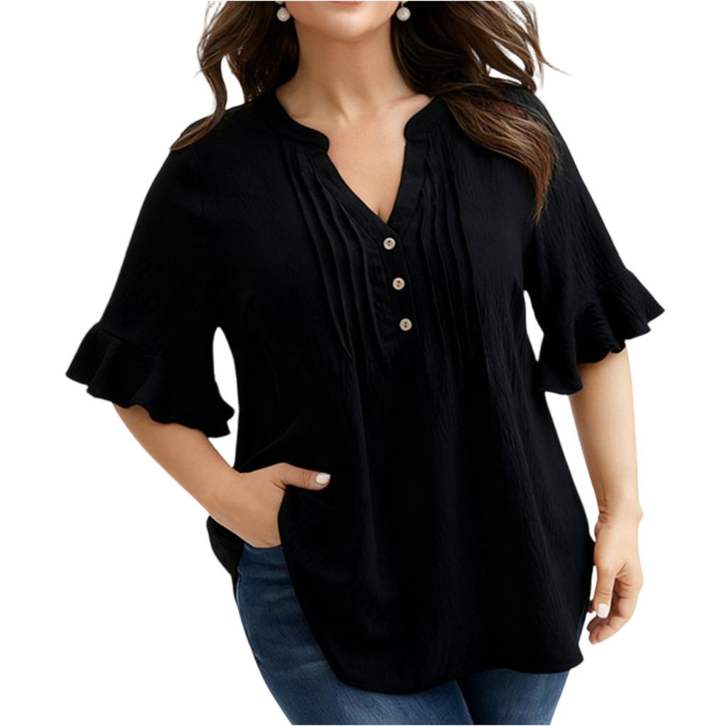 Women's Plus Size V,neck Ruffle Pleated Button Loose Short Sleeve Top