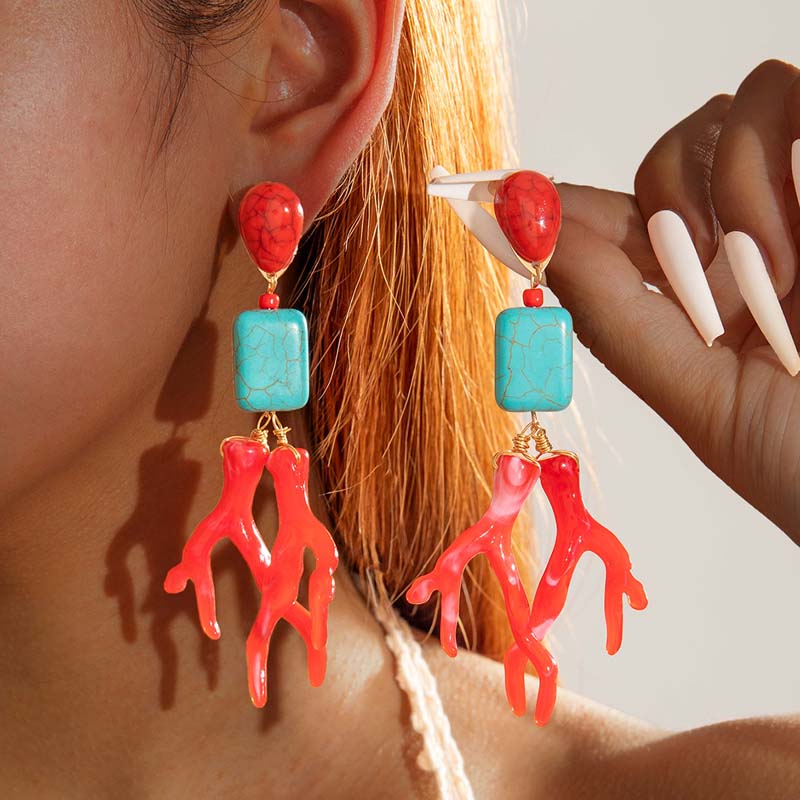 Bohemian Red Coral Pendant Earrings for Women Fashion Acrylic Long Geometric Tassel Hanging Earrings Jewelry Accessories