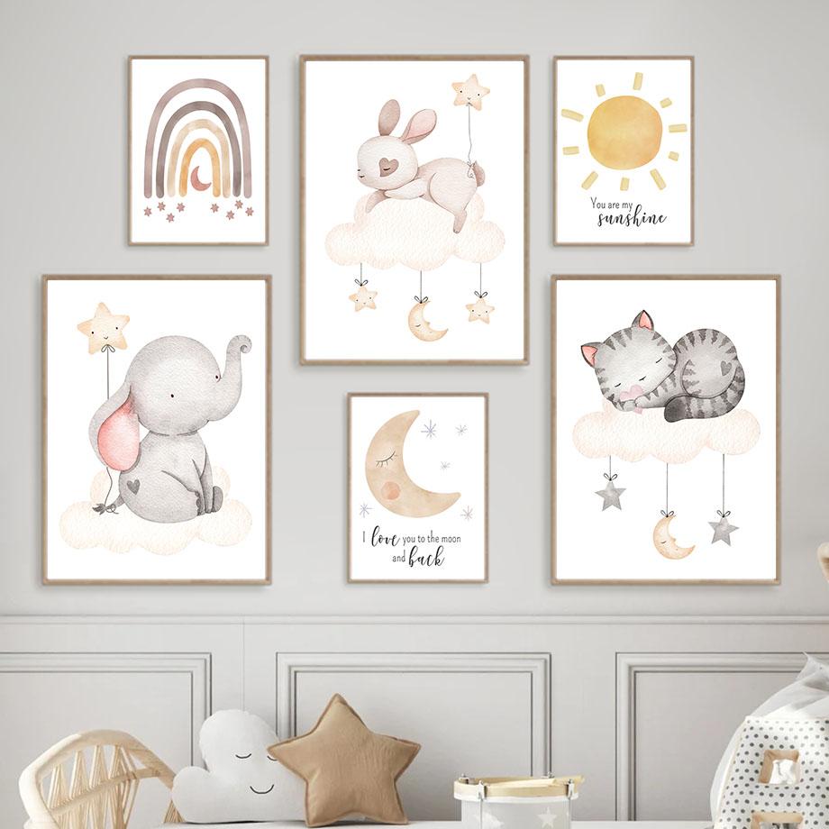 Boho Elefant Kaninchen Katze Regenbogen Mond Wolken Sonne Kinderzimmer Poster Nordic Wand Kunstdruck Leinwand Malerei Bilder Baby Room Decor