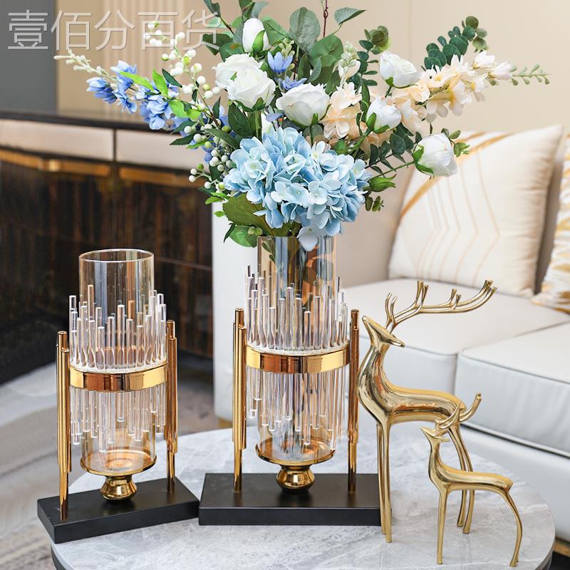 Metal Transparent Glass Vases Modern Design Luxury Crystal Plant Pot Dried Flowers Living Room Jarrones Table Decoration
