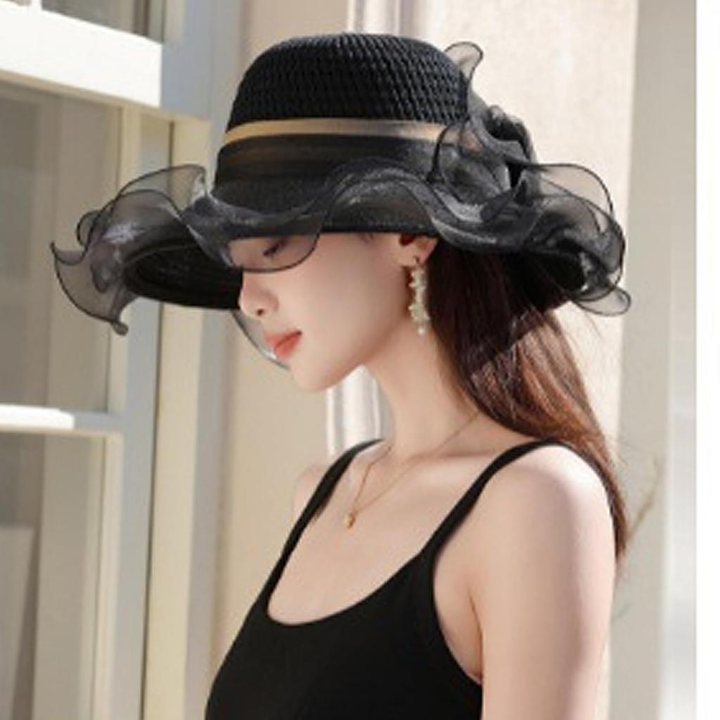 UV Protection Organza Straw Wide Small Face Sun Flower Actress Sun UV Wedding Formal [LYING] Hat, Hat, Women's, Elegant, Hat, Brim, Effect,