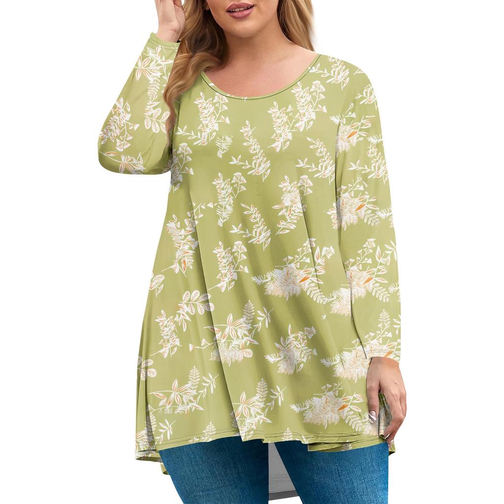 Women's plus size top, garden collar long sleeved shirt, fashionable floral print casual top