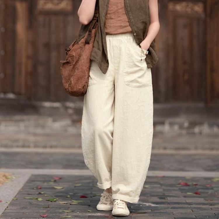 Johnature Vintage Women Harem Pants Loose Trousers Solid Color with Patchwork Pockets Elastic Waist