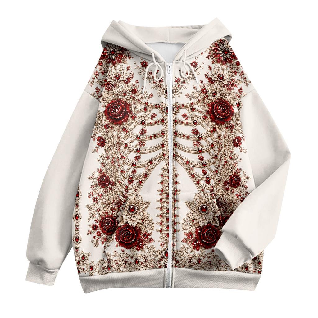 Damen Casual Halloween-Print Langarm Reißverschluss Hoodie Sweatshirt für Herbst und Alltag