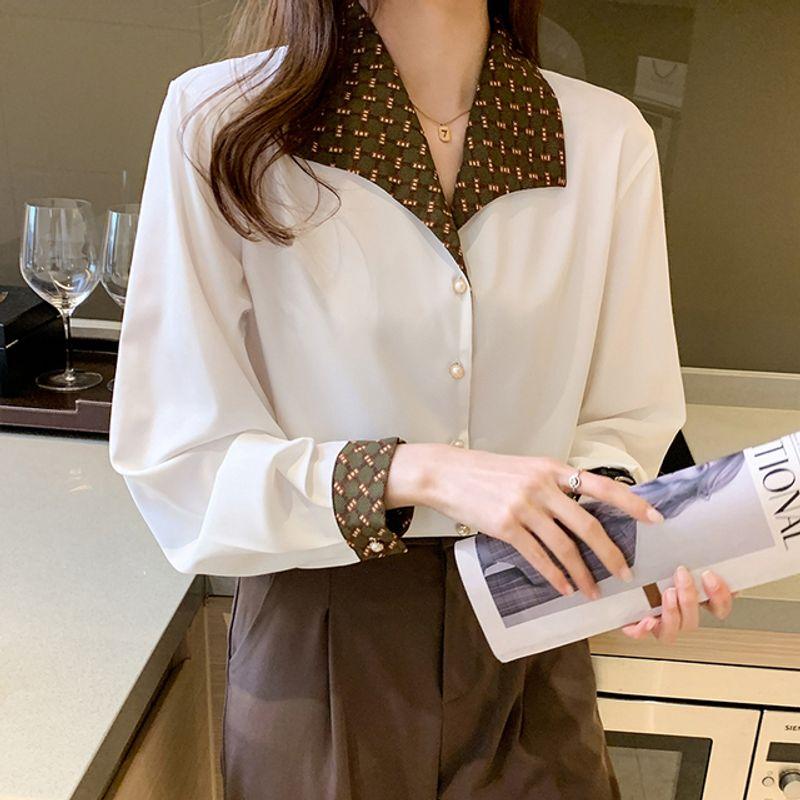

Colorblock Lapel Long-Sleeve Button-up Top Summer Color Stitching Turnover Neck Long Sleeves Tops The picture color XXL