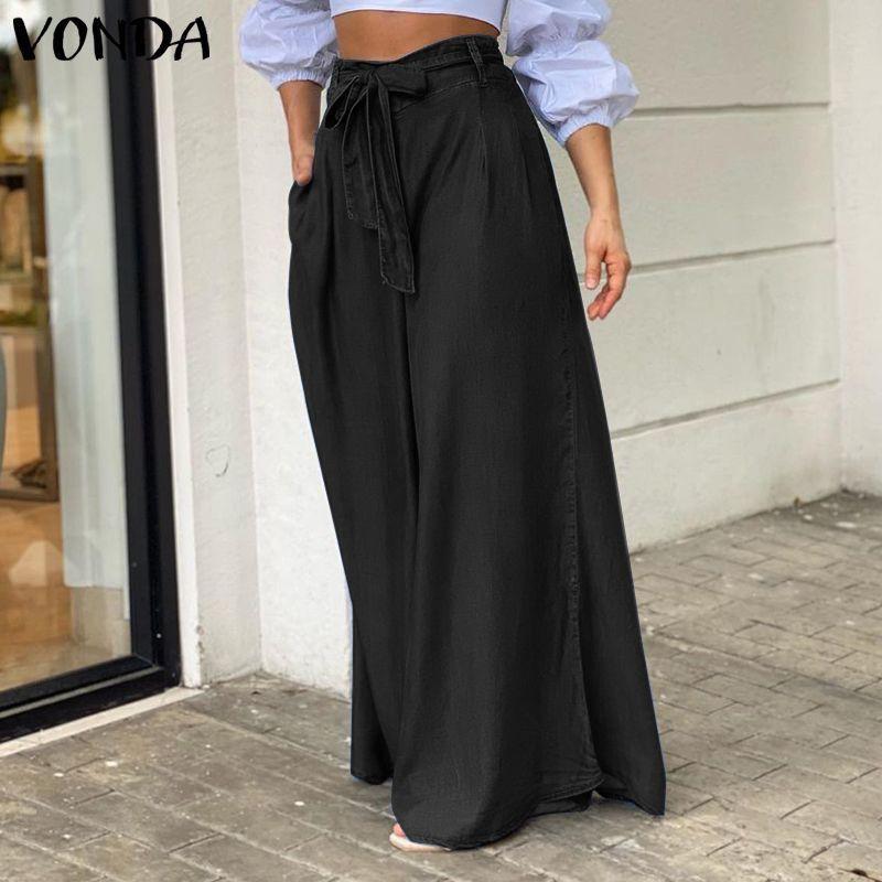 

European and American Women s Pants Lace-up High Waist Wide Leg Pants Women Casual Plus size Denim Trousers Large Denim Pants Black 3XL
