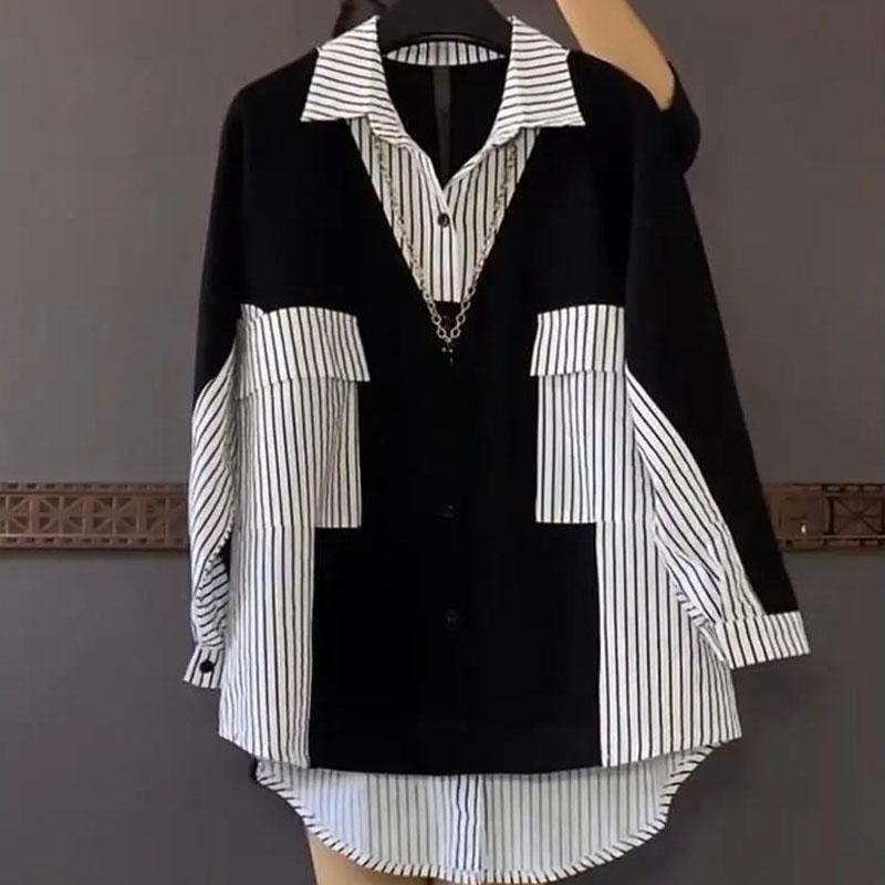 Women's Fashionable Korean Striped Patchwork Shirt Long Sleeve Blouse Casual Versatile Loose Single Breasted Women's Clothing