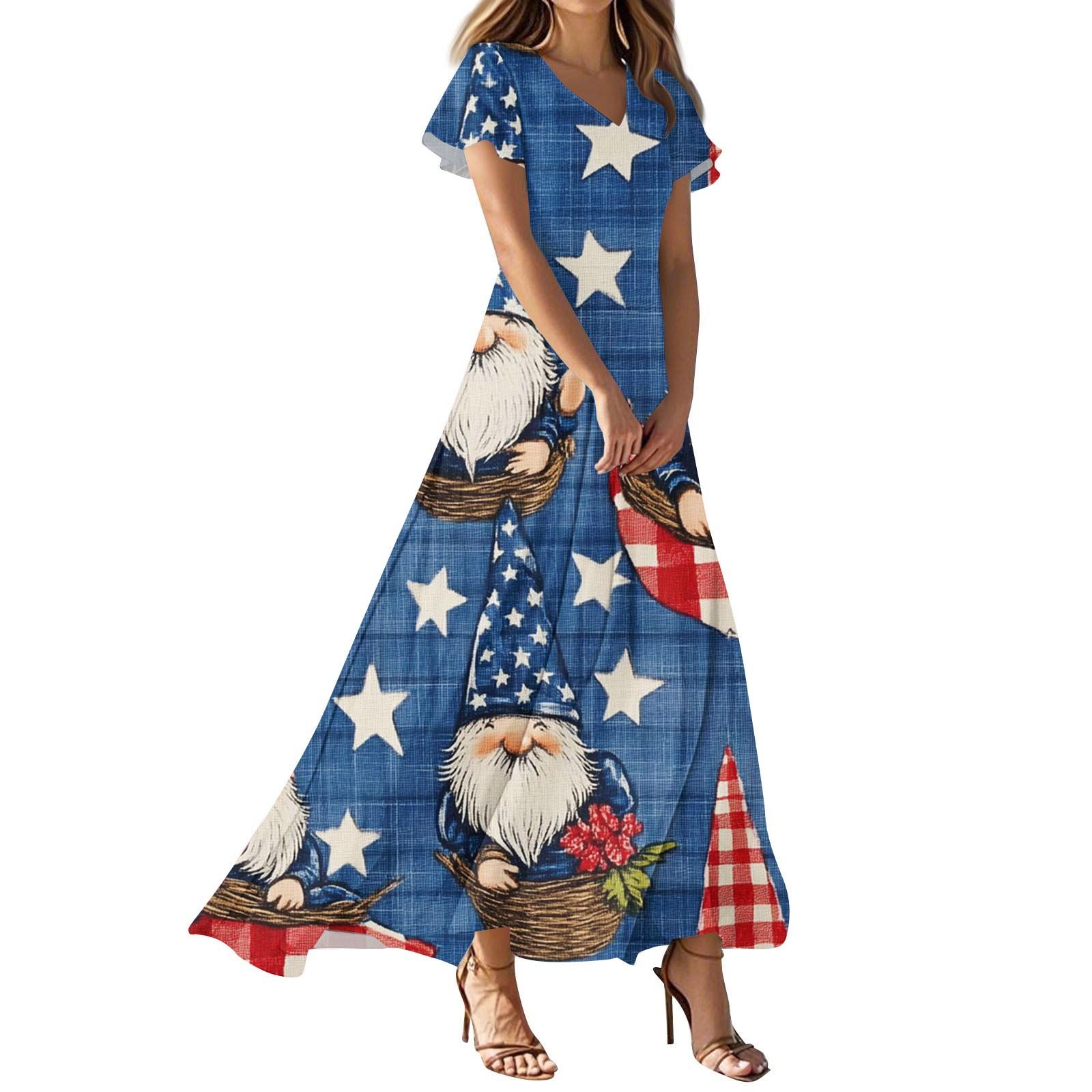 

Women s Independence Day Printed Casual Fashion Dresses V-Neck Short Sleeve Dresses L бежевий