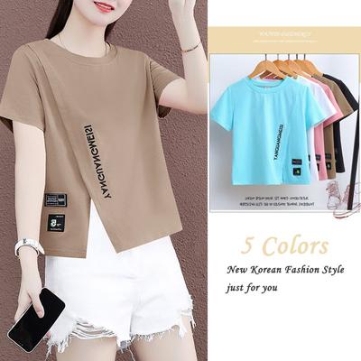 Summer New Fashion Women's T-shirt Letter Printing Slim Fit Fork Top Short Sleeve Top