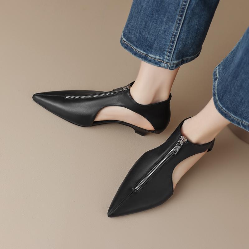 Fashion Kaky's New Pointed Hollow Mesh Oversized High New Pointed Zipper Cowhide Mid Heel Hollow Out Women's Single Shoe High Top Shoes