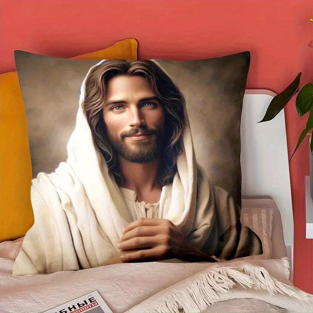 1pc Christ Polyester Fiber Cushion Cover - Single-Sided Printed Decorative Pillowcase, Measuring 45 X 45 Cm, Perfect for Christmas, Easter, Valentine'