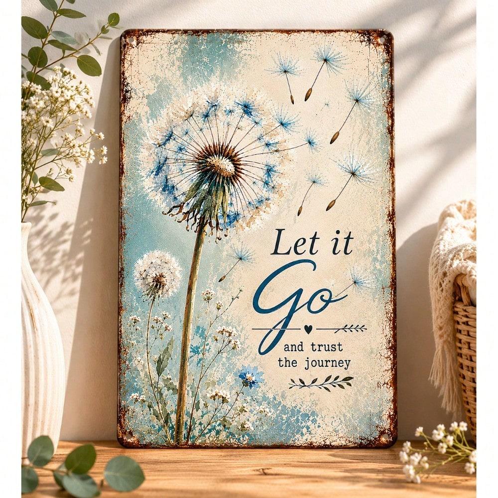 Vintage Dandelion Let Go Quote 2D Flat Rustic Farmhouse Wooden Wall Art, Inspirational Home Decor for Living Room Bedroom