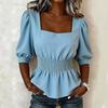 Women Puff Sleeve Smocked Waist Square Neck Blouse Ruffle Hem Solid Color Shirt Casual Top for Daily Wear