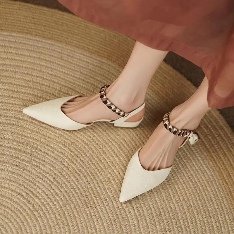Fashion Summer 2024 Sandals for Women Office Work Outdoor Leather Pointed Toe Flat Rubber Buckles with Low Heels White No Heel Footwear