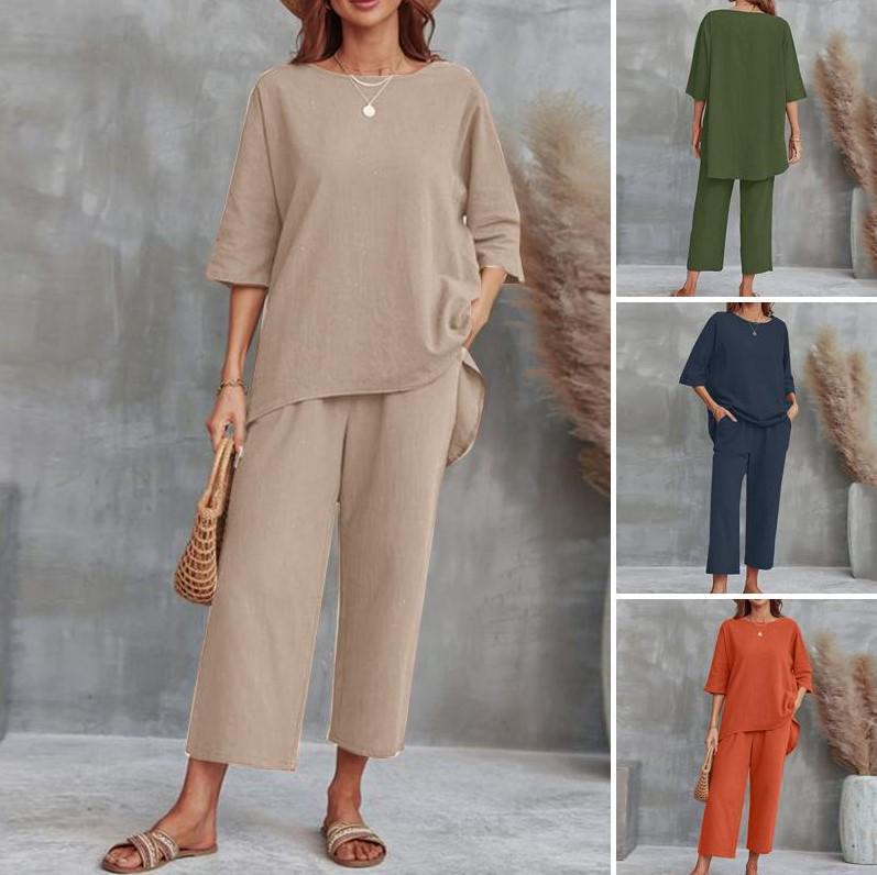 Summer 2024 European & American Women's Cotton Linen Two-Piece Casual Loose Suit