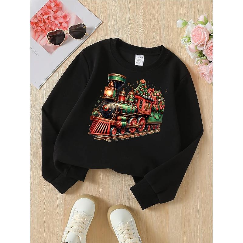 European Sizes Christmas Train Holiday Decorative Pattern Girls' Crewneck Sweatshirt, Autumn Winter Western Top, Long Sleeved Casual.