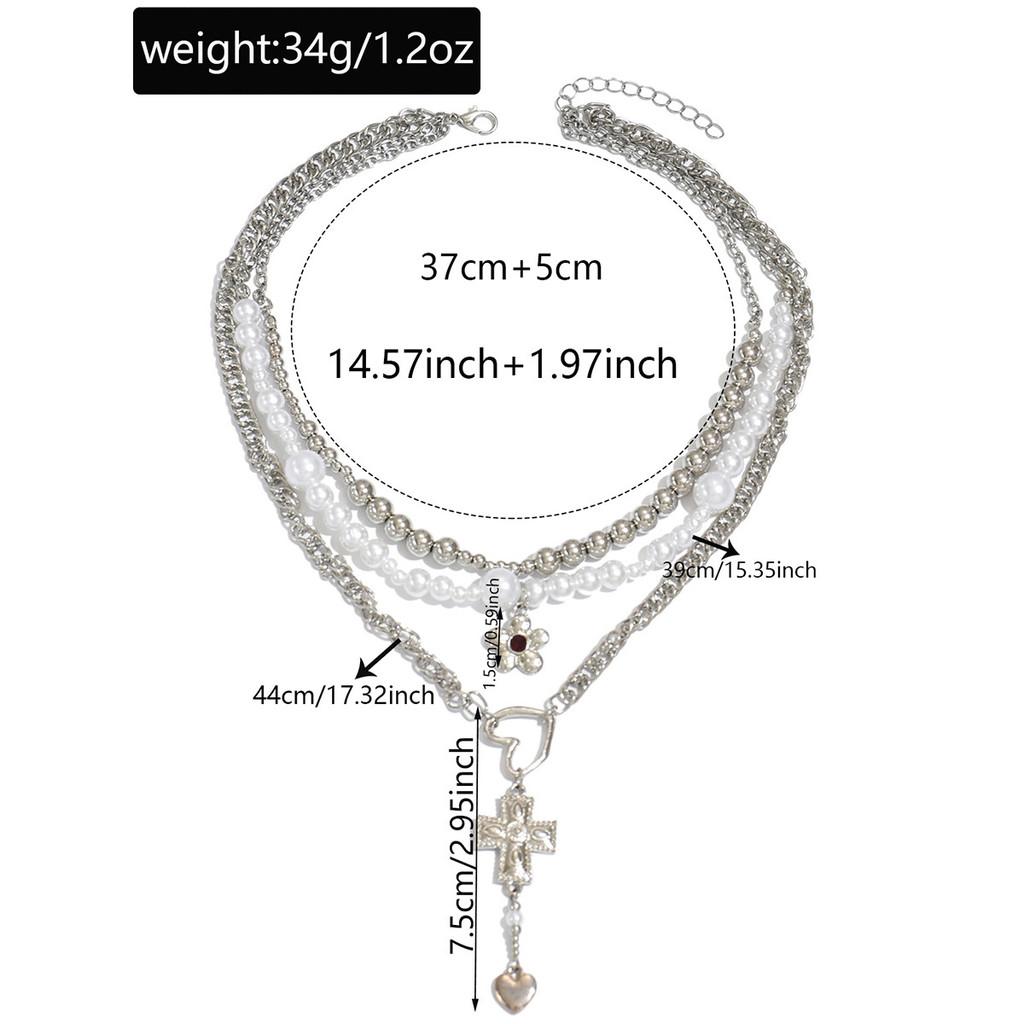 Gothic Cross Heart Pendant Necklace With Multilayer Pearl Design For Women And Men