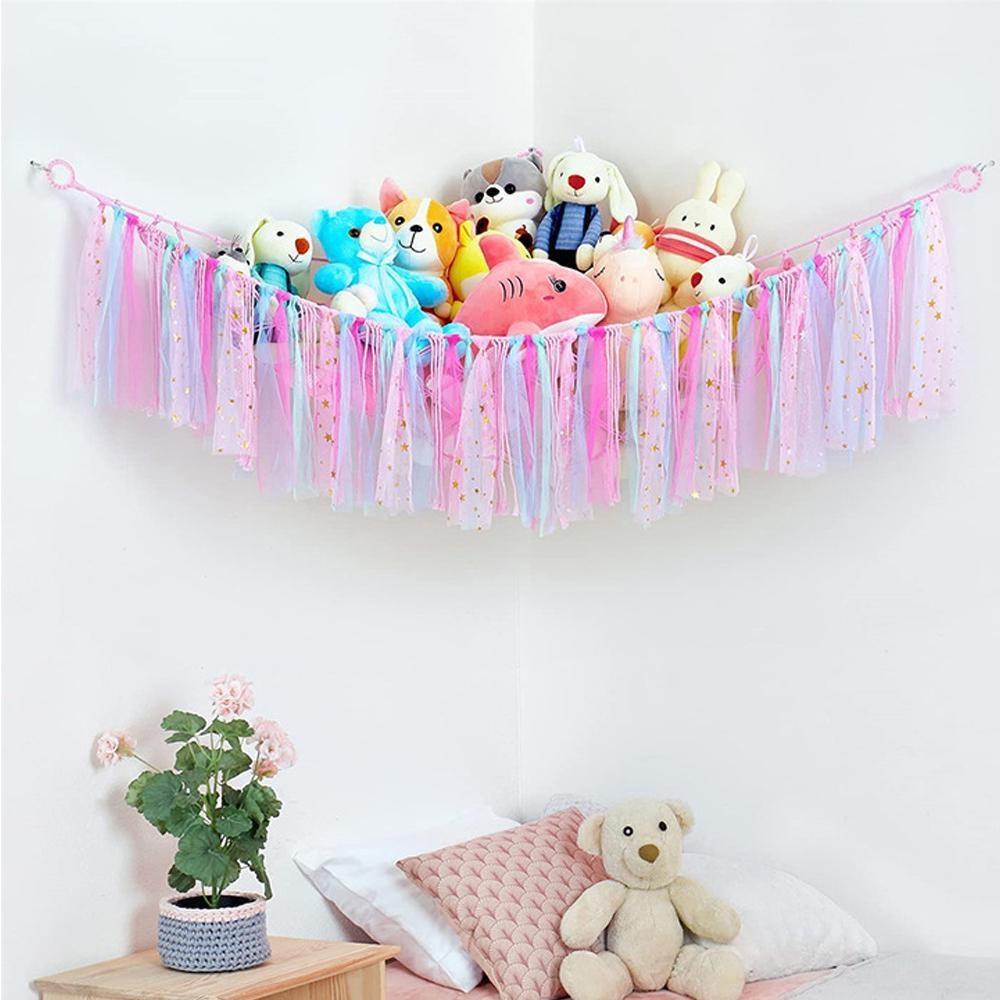 Stofftier-Netzhängematte zum Aufhängen, Plüschtier-Hängematte mit bunten Quasten, Hängematte für Stofftiere, für Kinder, Spielzimmer, Kinderzimmer, Dekoration