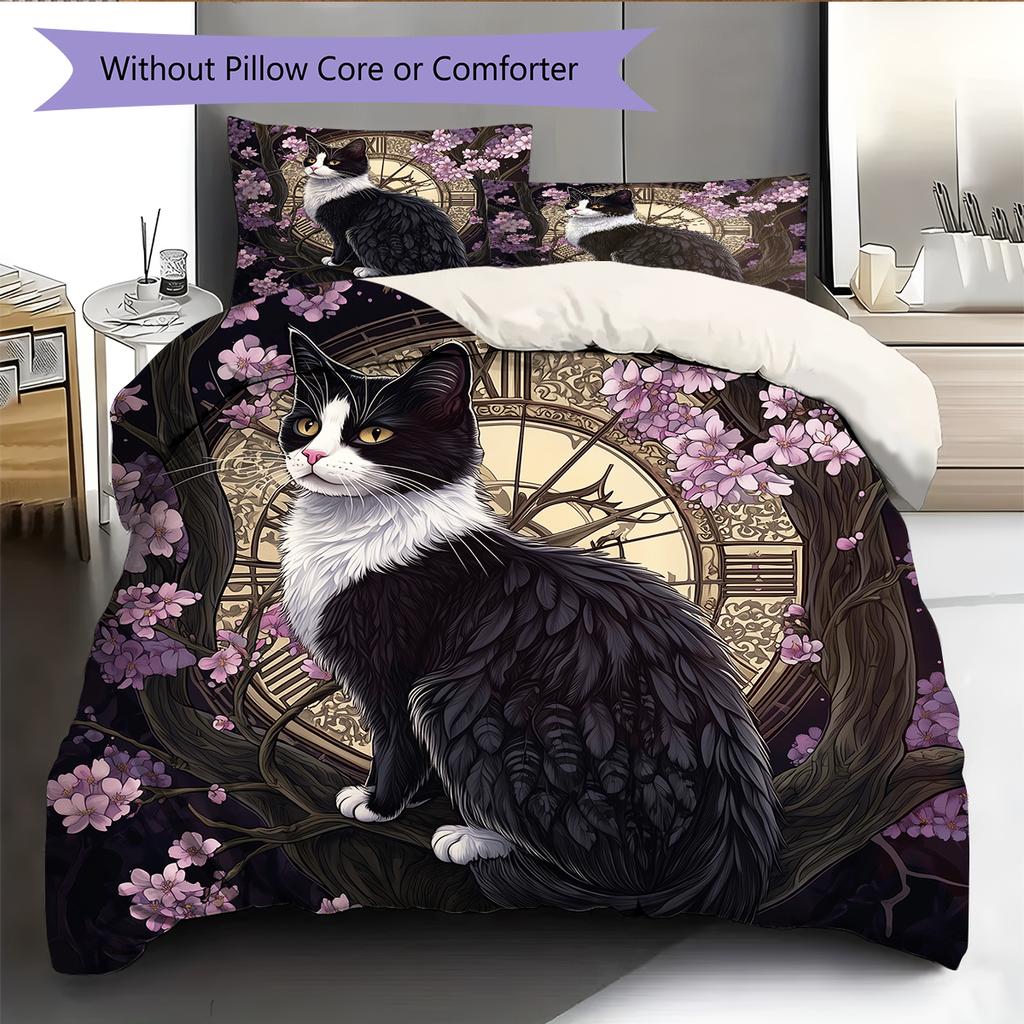 Beautiful Cow Cat Pattern Bedding Home Decoration Birthday Gift (1 * duvet cover + 2 * pillowcase, without core)