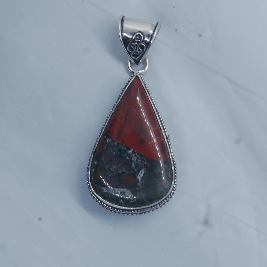 Pear Cab African Bloodstone 925 Sterling Silver Pendant, Designer Boho Pendant