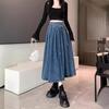 Dames Herfst Hoge Elastische Taille Lange Denim Rok Koreaanse Stijl Vetersluiting Elegante Jeans Rokken