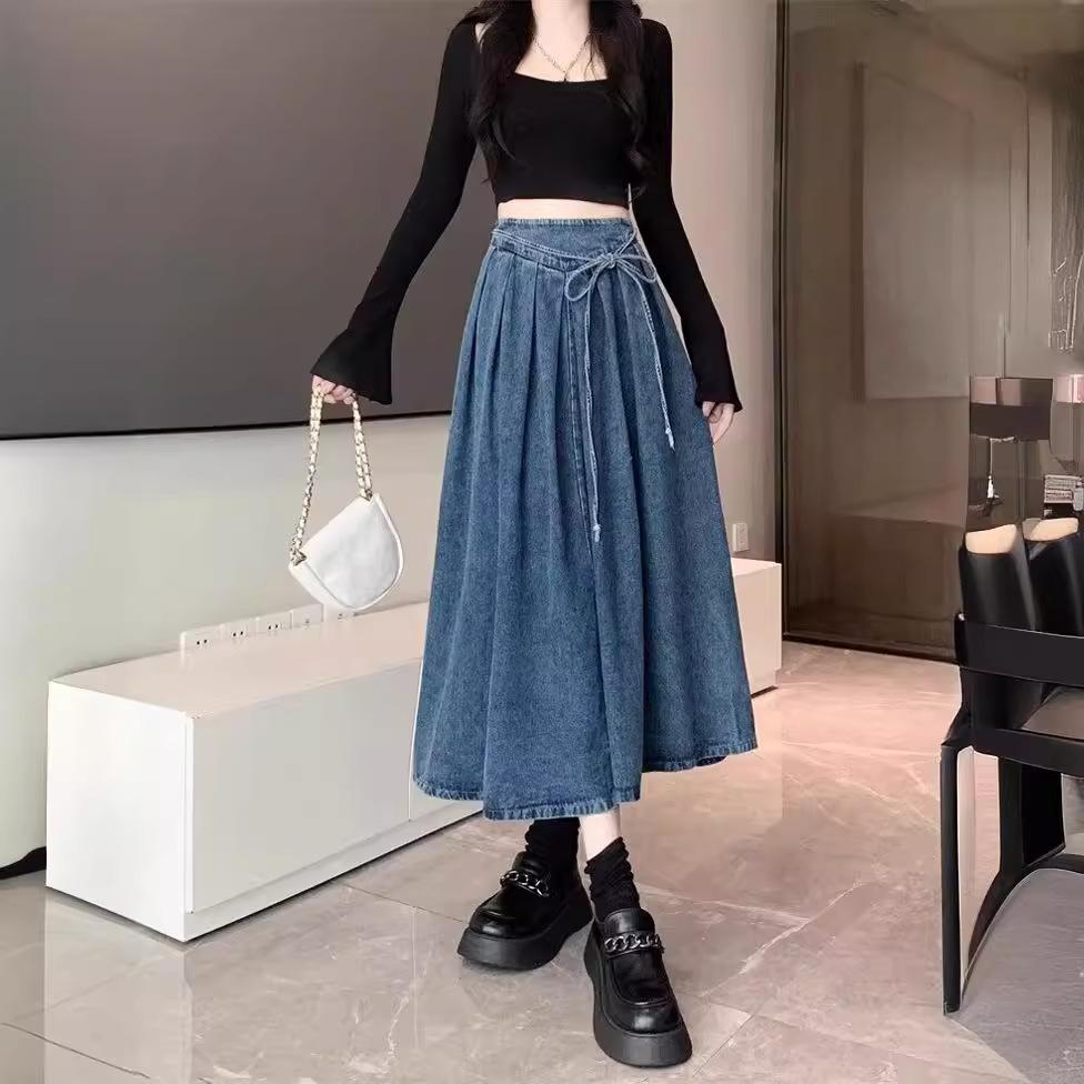 Dames Herfst Hoge Elastische Taille Lange Denim Rok Koreaanse Stijl Vetersluiting Elegante Jeans Rokken