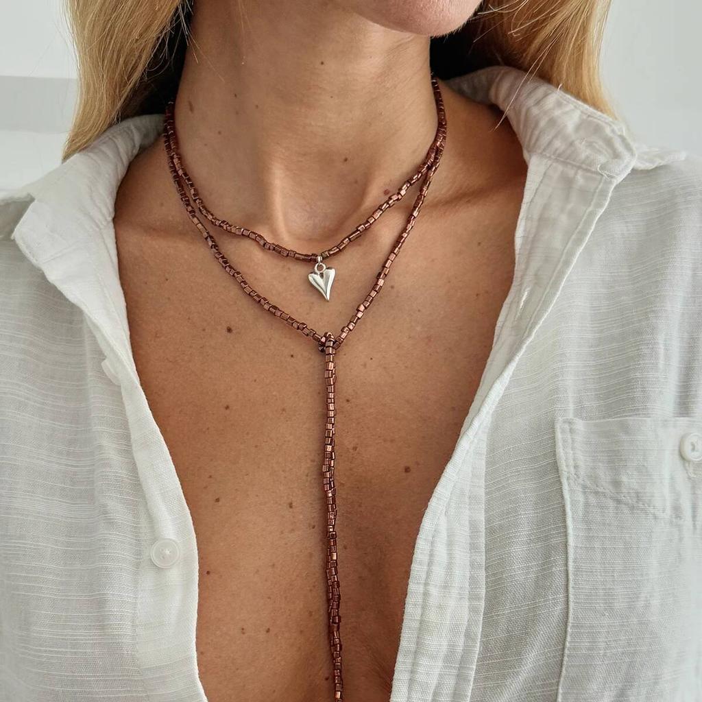 Salircon Sexy Gold Color Heart Pendant Necklace Women Adjustable  Irregular Bead Choker Sweater Chain DIY Neck Jewelry Accessory