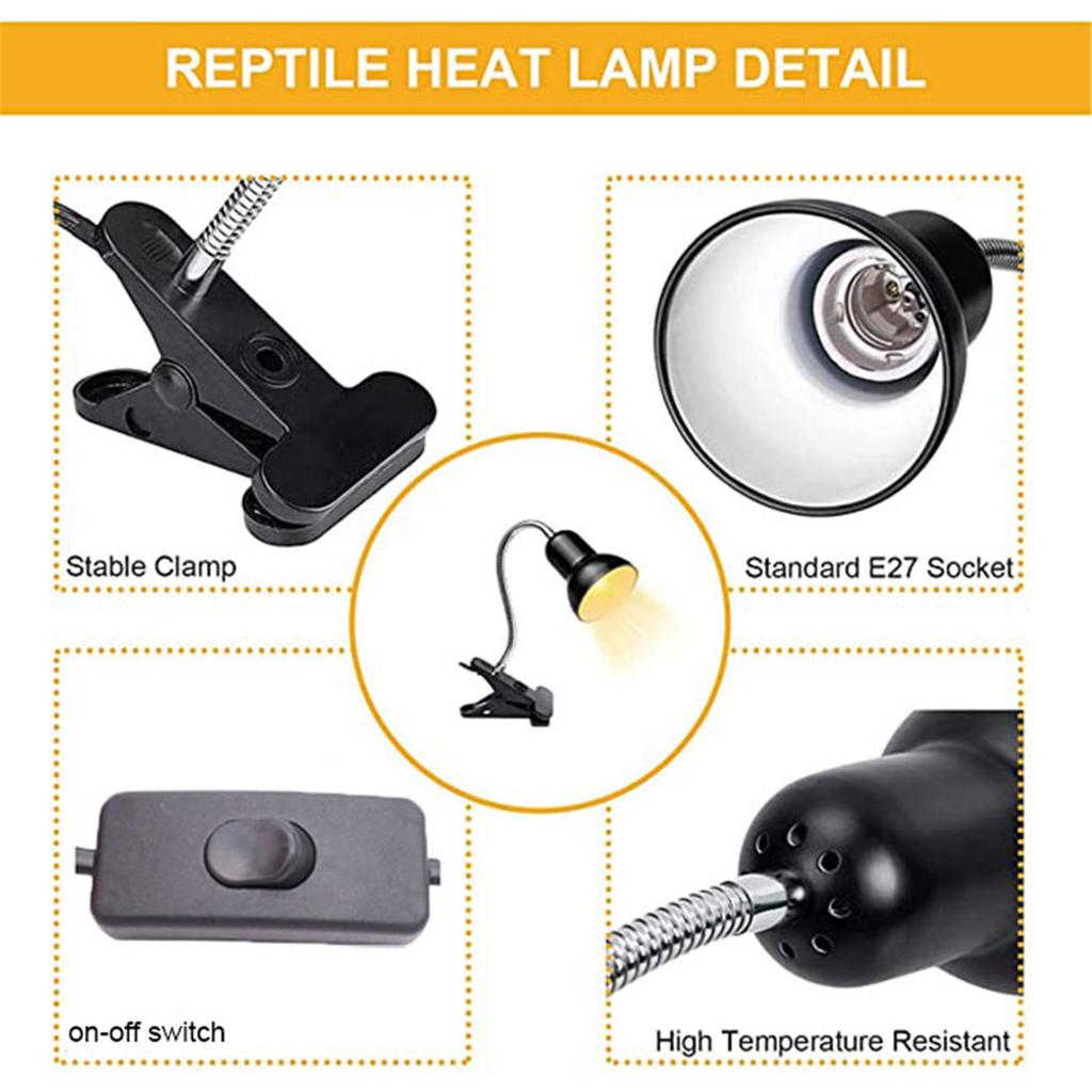 Black White Reptile Heat Lamp Blue Basking Spot Lamp UVA UVB Full Spectrum Sun Lamp with Rotatable Clip and Switch for Aquarium