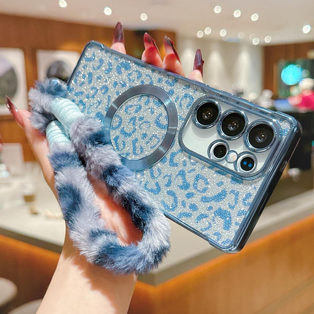 KEYSION Glitter Leopard Print Magnetic Phone Case for Samsung Galaxy S21 S22 S23 S24 S25 S26 Ultra S26+ S25 FE With Plush Lanyard Shockproof Cover