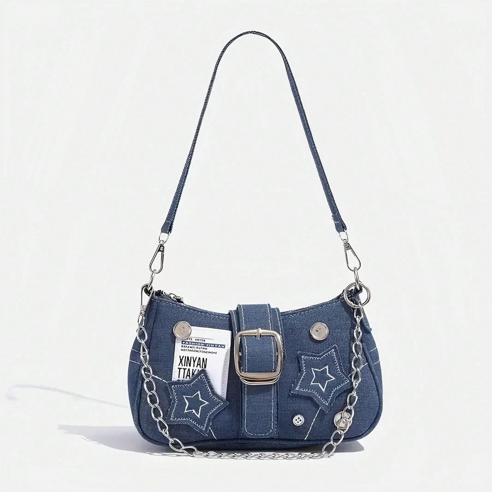 Sac d'aisselle en jean Sac à bandoulière rétro en jean pour femme Sac à main à chaîne Épice Fille Étoile blue multicolore