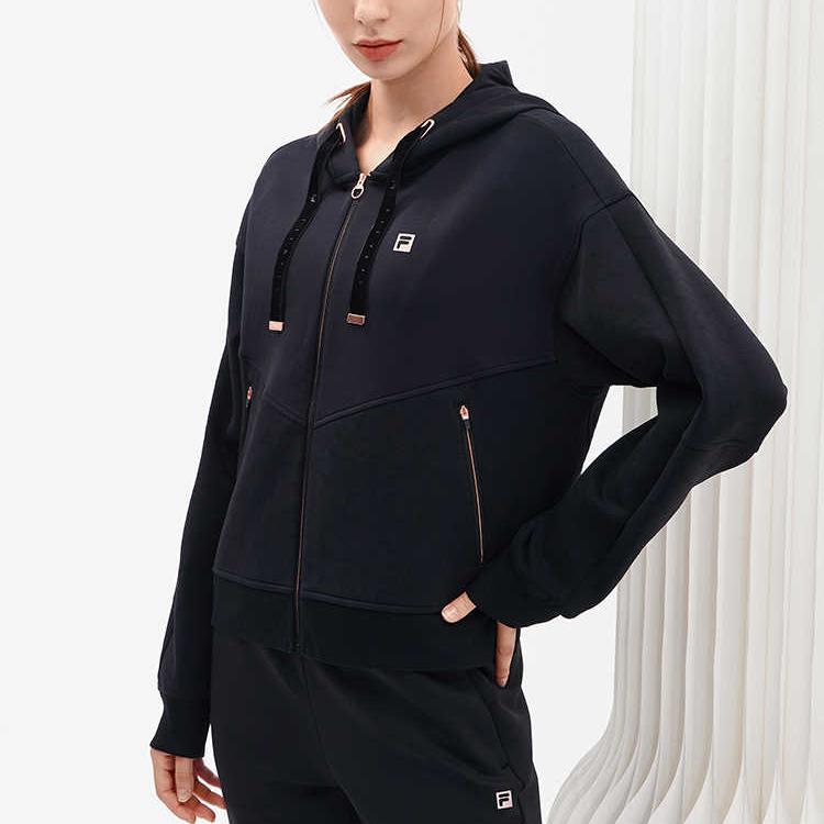 Fila Athletics Solid Loose Fit Sports Casual Long Sleeve Knit Hooded Jacket Women Jackets Deep-Black A11W241507F-BK