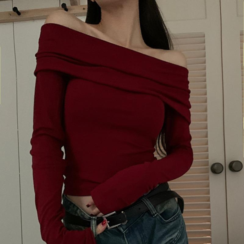 Temperament de primăvară Femei Decolteu oblic Cămăși sexy Elegante Mânecă lungă Umeri goi Bluze tricotate Femei Casual Stradă Solidă Modă Croială slim Topuri 25998