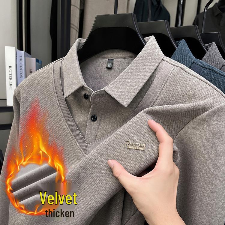 2025 Winter Men's Faux Two-Piece Sweater: New Thick Knit with Shirt Collar and Warm Velvet Layer