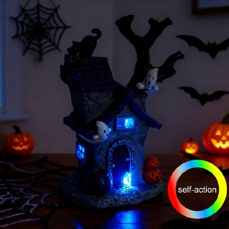 Resin Ghostly Town Haunted Houses Halloween Decorations Lighted Halloween Village Houses with LED Light for Table Desk