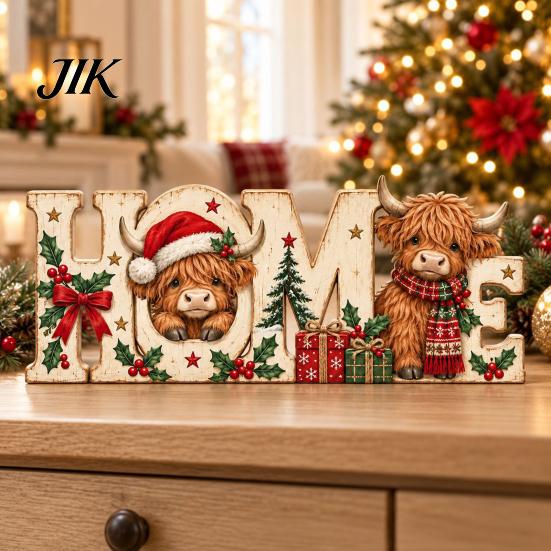 Standing Wooden Signs for Entryways Highland Cow Home Ornament, 2D Tabletop Sign, Rustic Tiered Tray Christmas Decorations Festive Centerpiece Mantel
