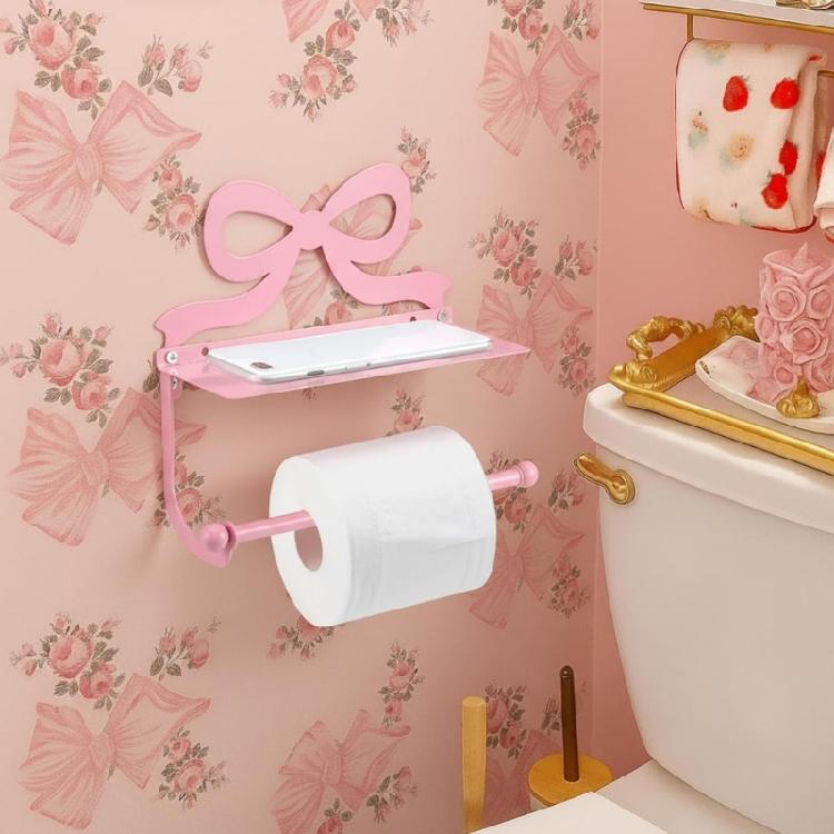 Pink Bows Decorated Metal Bathroom Tissue Holder Wall Mounted Toilet Paper Holder Bathroom Tissue Rack