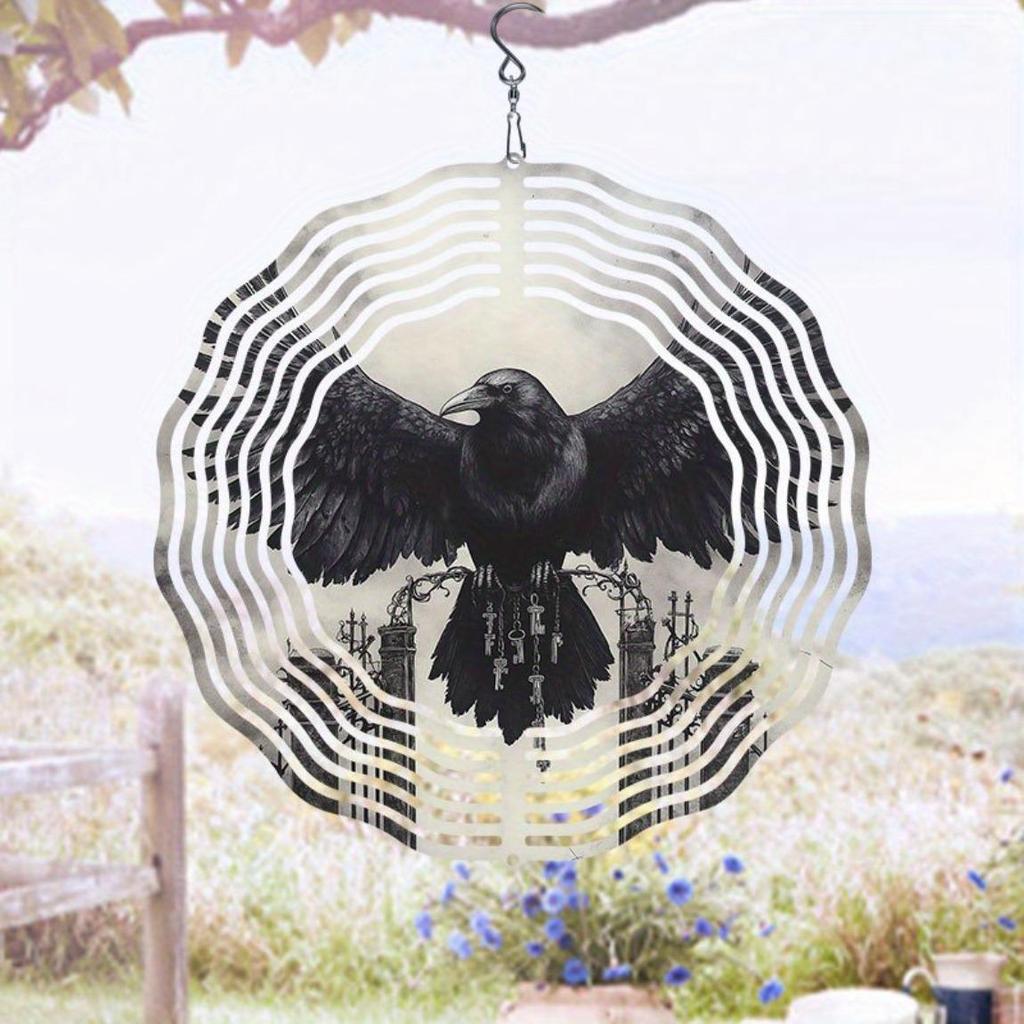 Metal Wind Spinner Outdoor Decor 2D Raven Design Hanging Wind Chime for Garden Patio Yard No Electricity Needed Durable Weather Resistant