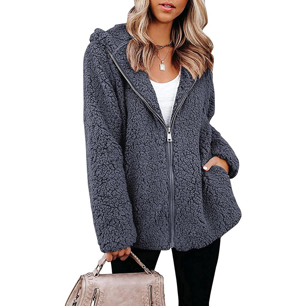 Women Winter Casual Fashion Long-sleeved Solid Color Plush Cardigan Jacket Coat