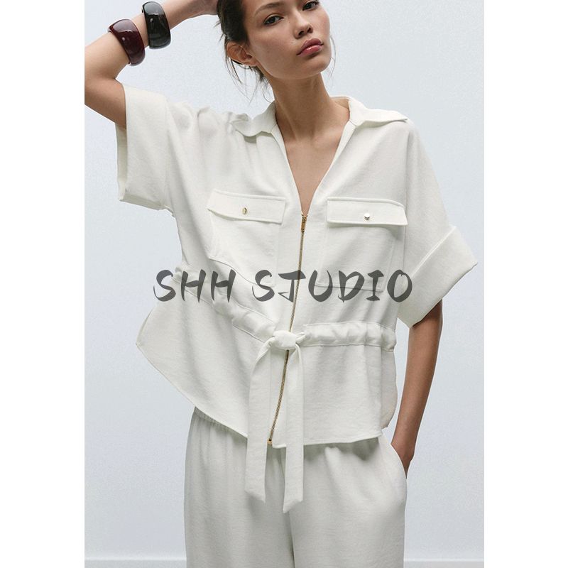 Spring and Summer Crepe Comfortable Short Sleeve Lapel Shirts 2273957 High Waist Wide Leg Casual Trousers 2116957