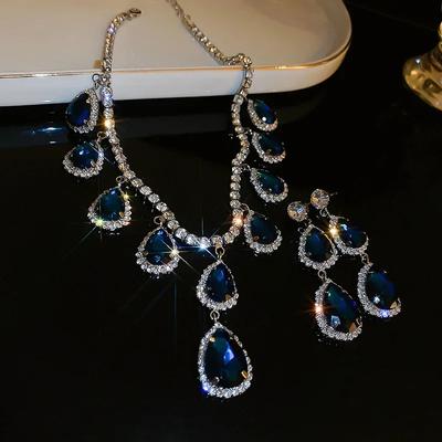 Luxury Necklace Earrings For Women Dark Blue Green Crystal Earrings Wedding Bride Jewelry Sets