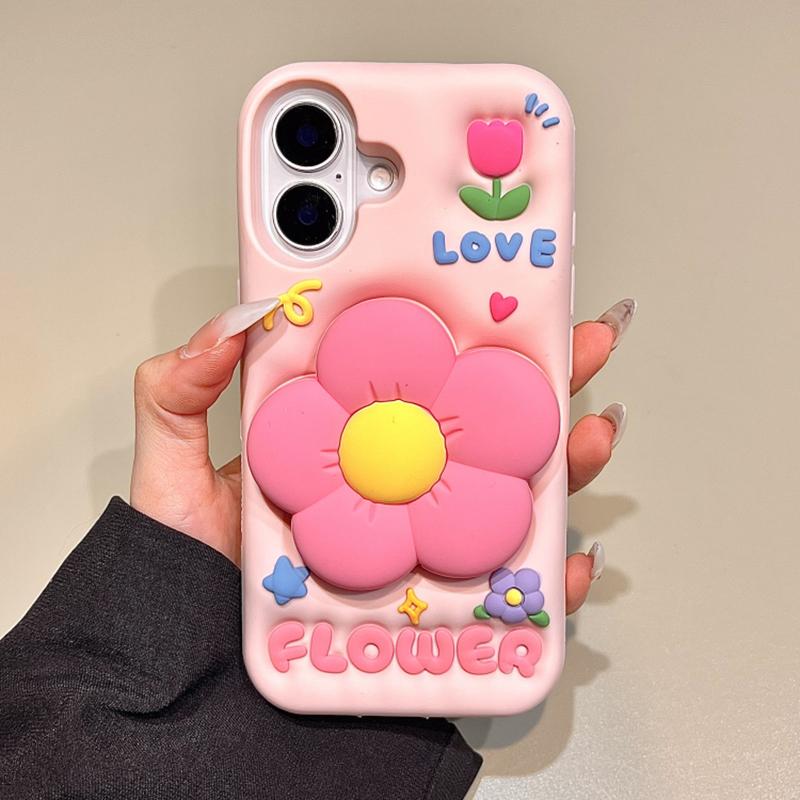 Cute 3D Flower Holder Stand Soft Silicone Phone Case For iPhone 13 14 15 16 17 Pro Max Shockproof Back Cover