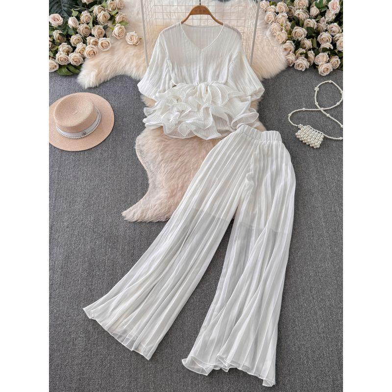 Fancy Adult Lady like Woman Women's Lightly Mature Waist Trimming Ruffles Ruched Puff Sleeve Top High Waist Wide Leg Suit