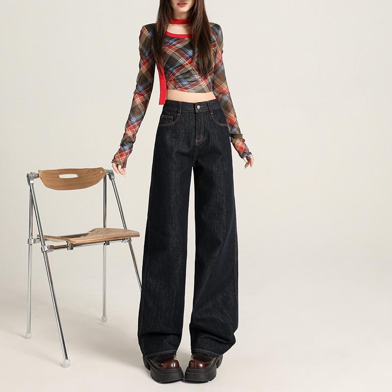 Dark Blue Narrow Velvet Jeans Women's Straight, Autumn and Winter High-waisted Wide-leg Pants