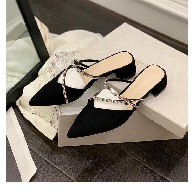 

Grape mother s new elegant pointed sandals diamond belt one pedal thick heel half slippers female Mueller outer sandals 34 чёрный