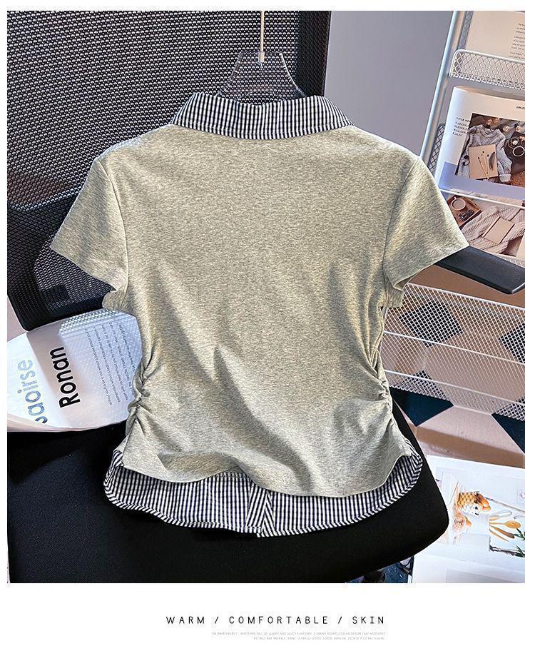 Camiseta de Manga Corta a Cuadros con Solapa para Mujer Talla Grande - Top de Moda Estilo Universitario Adelgazante Verano 2025